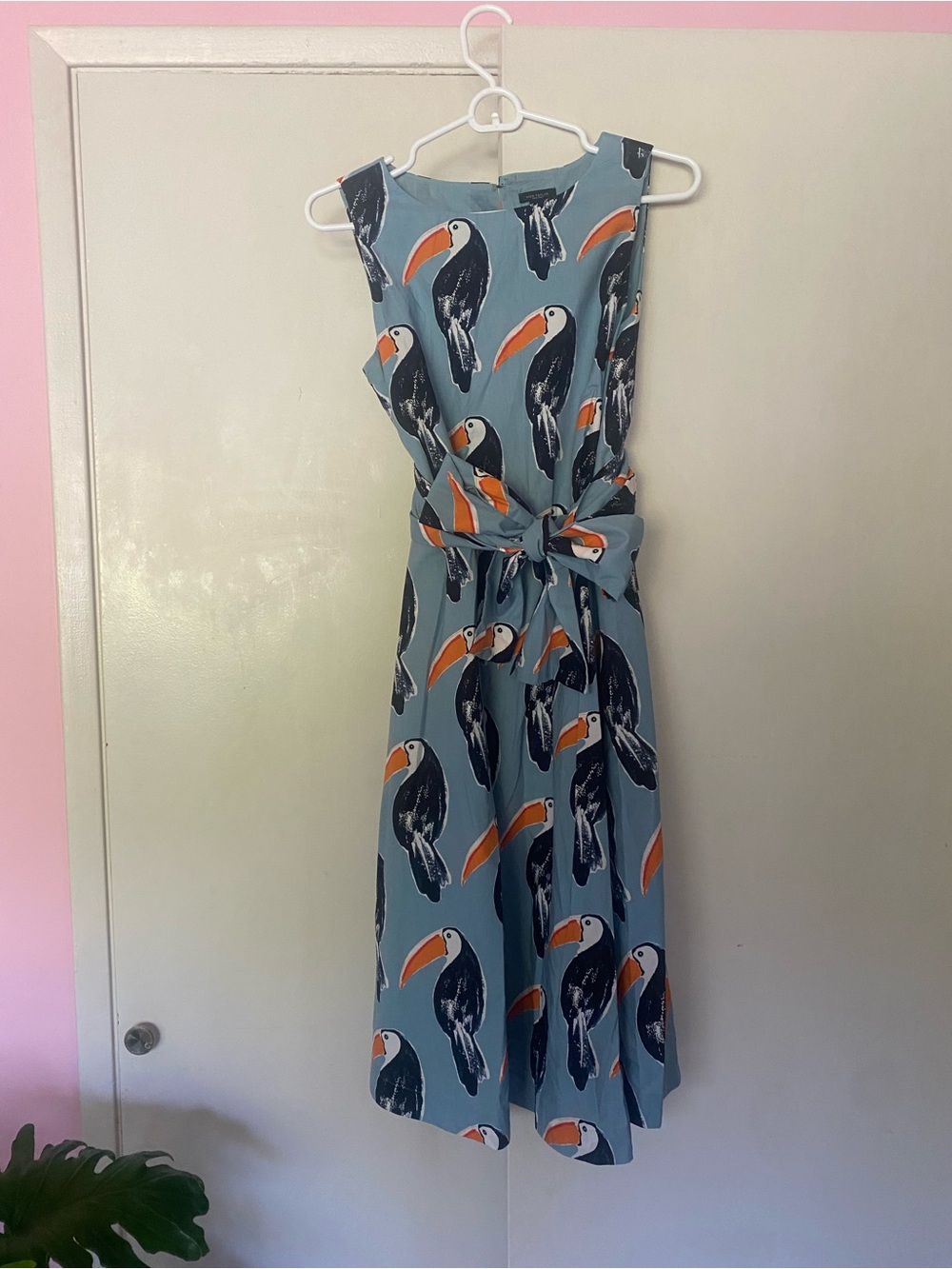 Ann Taylor Factory Blue Toucan Print Tie-Waist Midi Dress size S